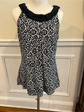 White House Black Market Black & White Patterned Halter Top with Twisted Neck